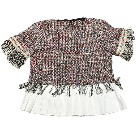 Zara lightweight tweed fringe pleated peplum top XS - Picture 2 of 6
